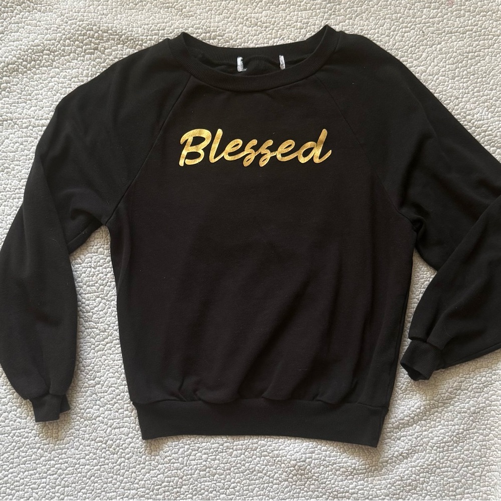 Black Sweatshirt with Gold 'Blessed' Print